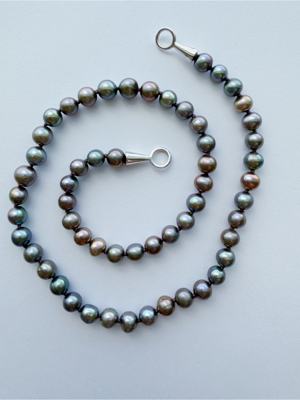Black Knotted Pearl Necklace 925 Silver Loop Ends